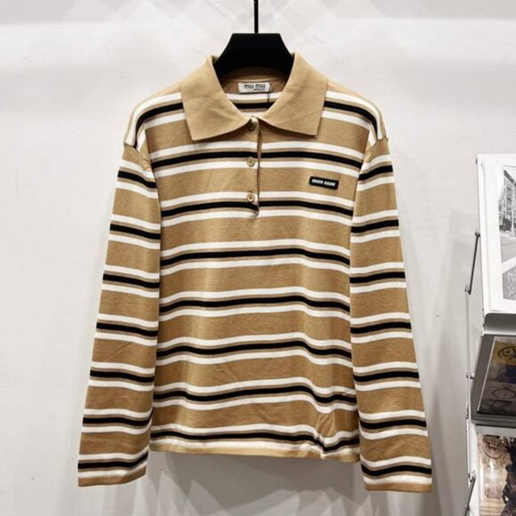 Miu Miu Beige and White Striped Polo Shirt - Picture 1 of 7